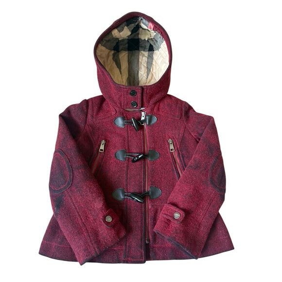 Burberry Girls Wool Blend Pea Coat size 8 Y Toggle Closure Red Nova Check Lined - Picture 1 of 11